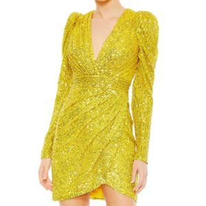 MAC DUGGAL SEQUINED SHOULDER PAD YELLOW COCKTAIL MINI DRESS sz 2